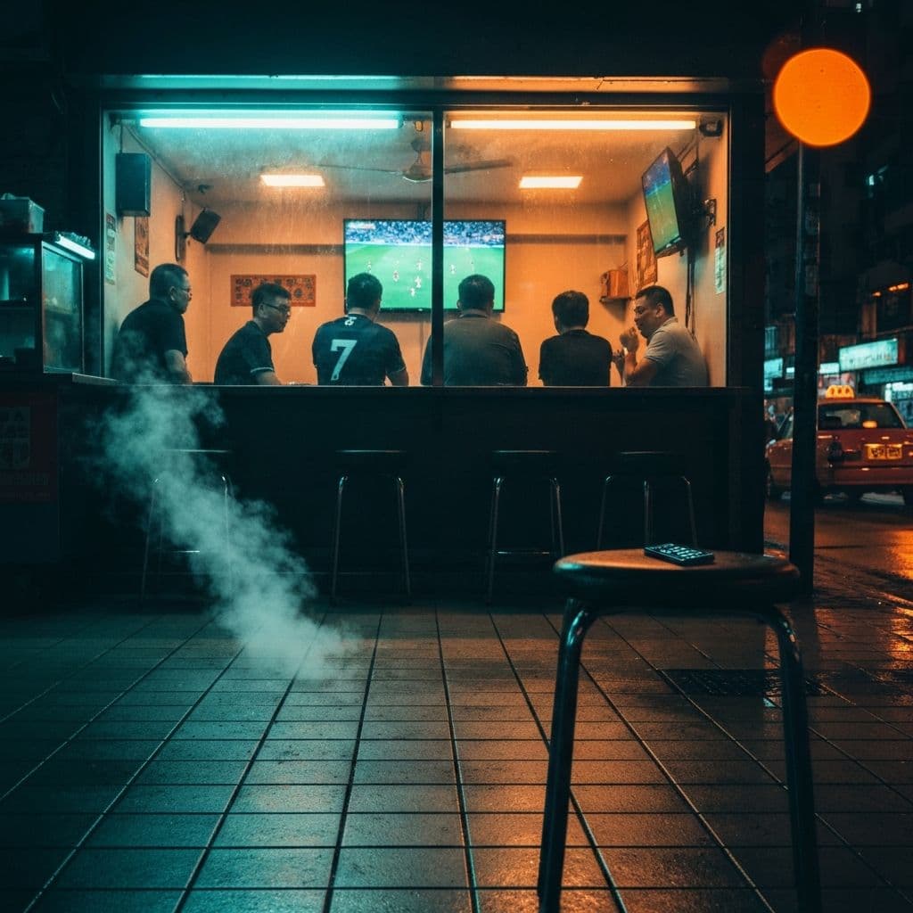 香港街角嘅酒吧週五晚,幾個中年人圍住電視睇英超賽事,旁邊擺住手機準備落盤。