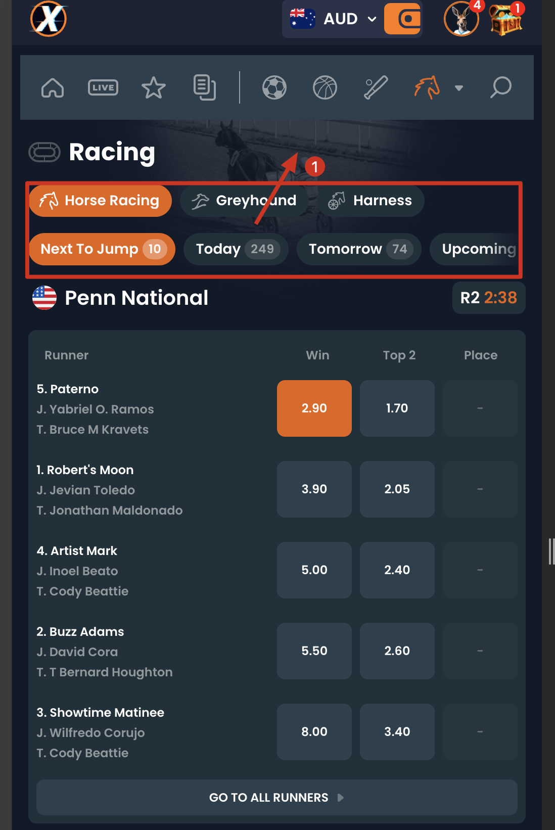 XYES racing interface showing race selection with time and type filters