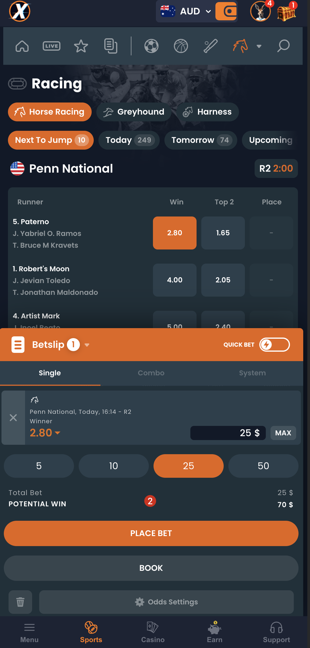 XYES betting slip showing runner selection, odds, stake input, and potential win calculation