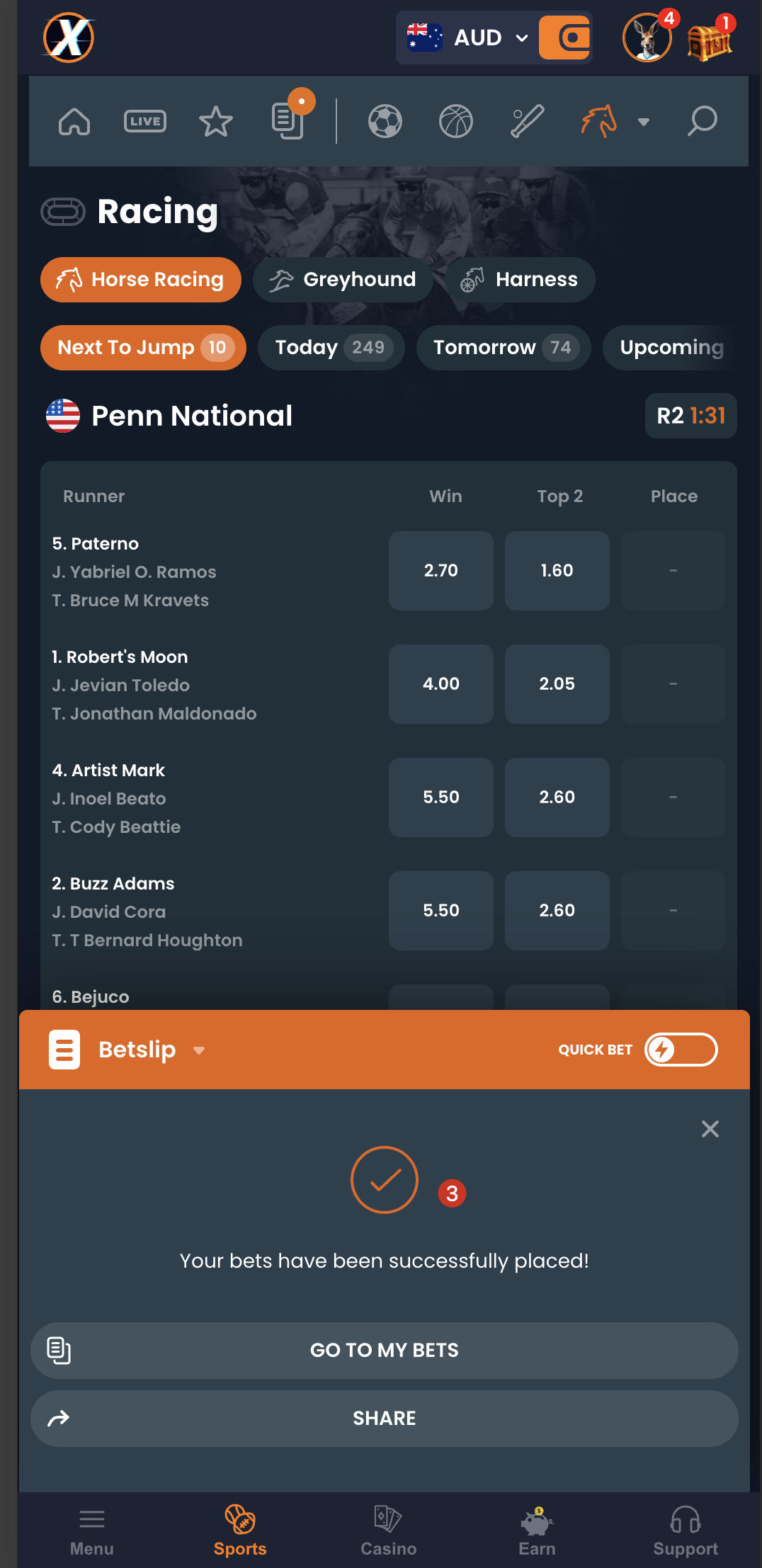 XYES bet confirmation screen showing final bet details and PLACE BET button