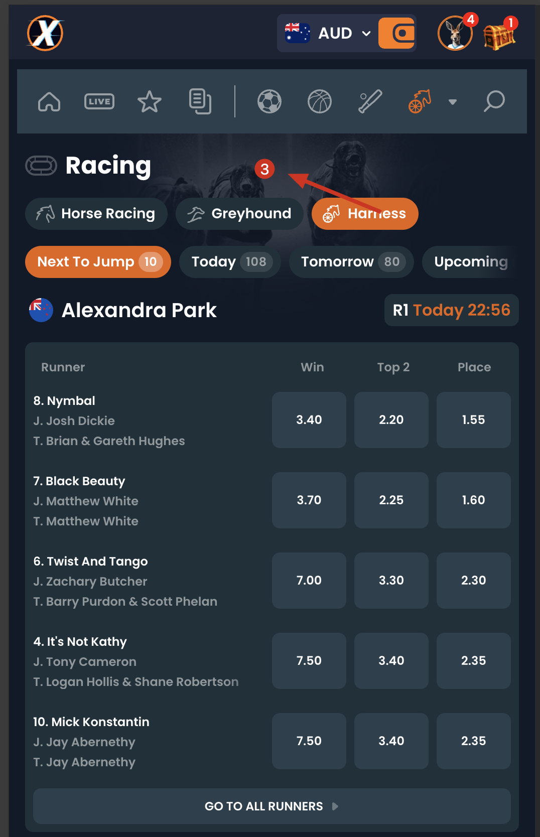 XYES harness racing display showing race information and live odds for trotting events
