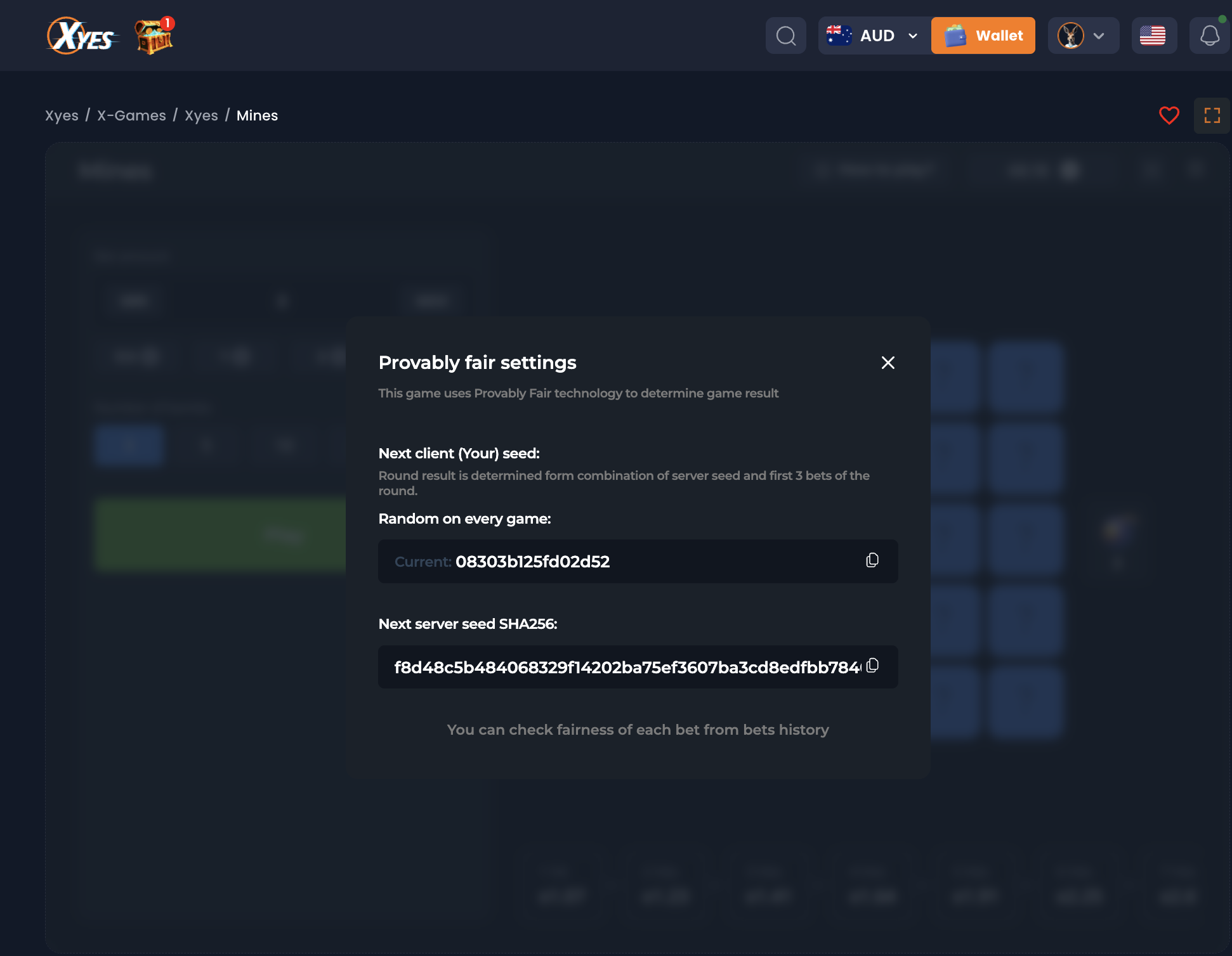 Screenshot of the XYES Mines Provably Fair settings dialog — shows the next-round client seed 08303b125fd02d52, the SHA-256 pre-commit hash f8d48c5b484068329f14202ba75ef3607ba3cd8edfbb784, and a bet nonce, proving each round is pre-committed and independently verifiable from bet history.