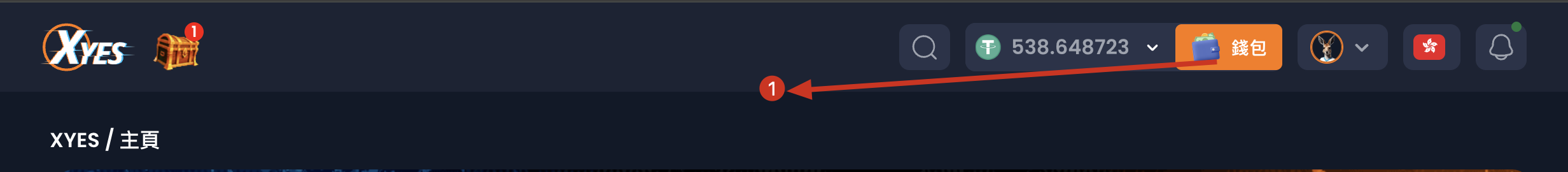XYES 主頁頂欄橙色錢包按鈕、旁邊顯示 USDT 餘額