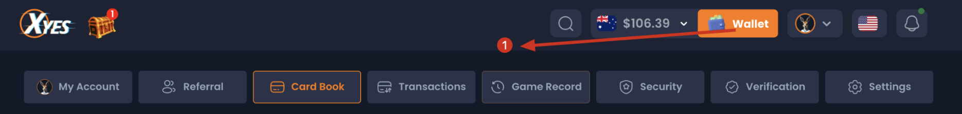 XYES wallet button in the top navigation bar