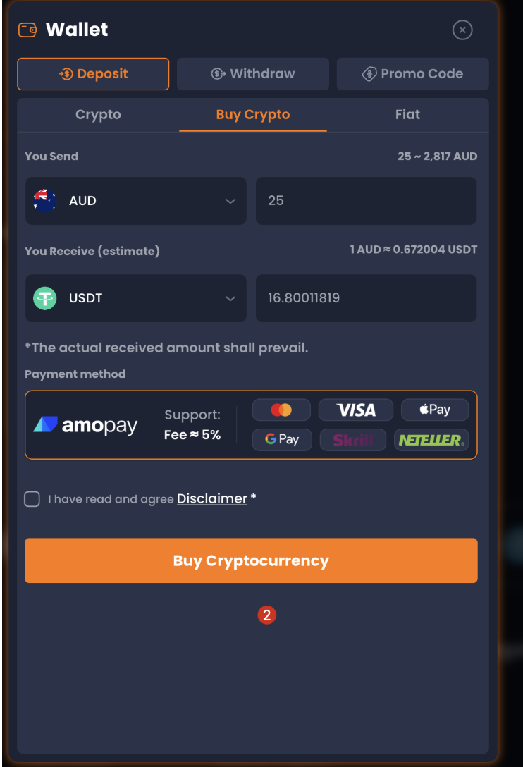 XYES Buy Crypto tab with currency and payment method selection