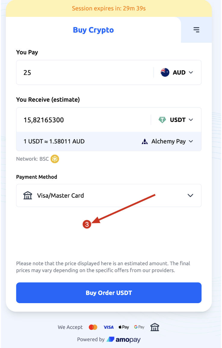 Amopay Buy Crypto checkout with Visa/Mastercard selected