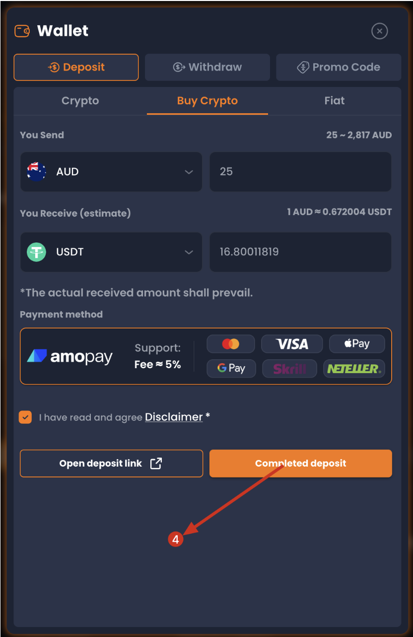 XYES wallet showing Open deposit link and Completed deposit buttons