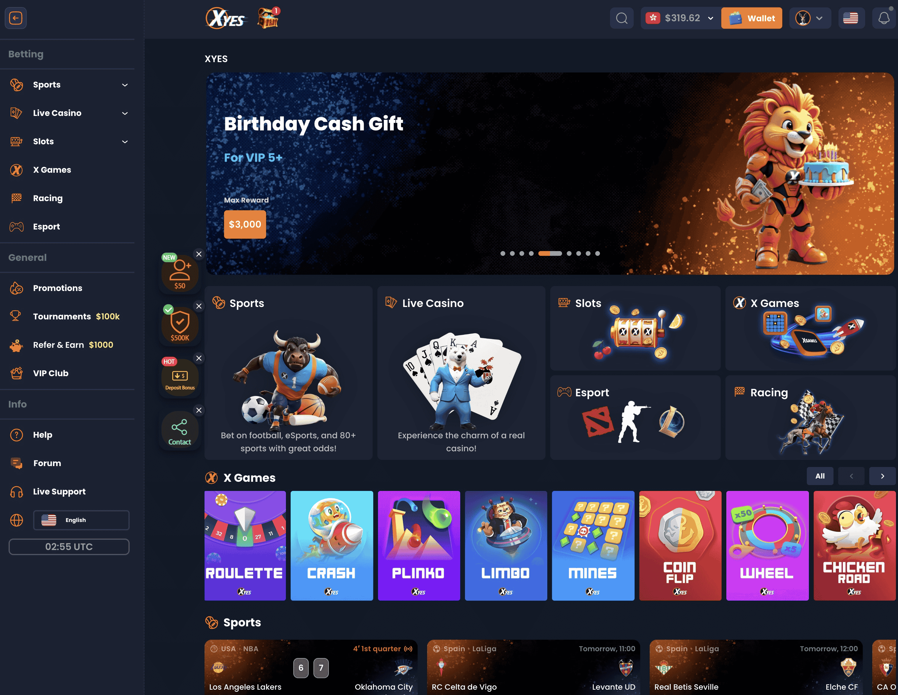 XYES online casino games library interface screenshot — 5,000+ titles across slots, live dealer, crash games and sports betting, aggregated from 50+ providers with provably fair verifiable round results