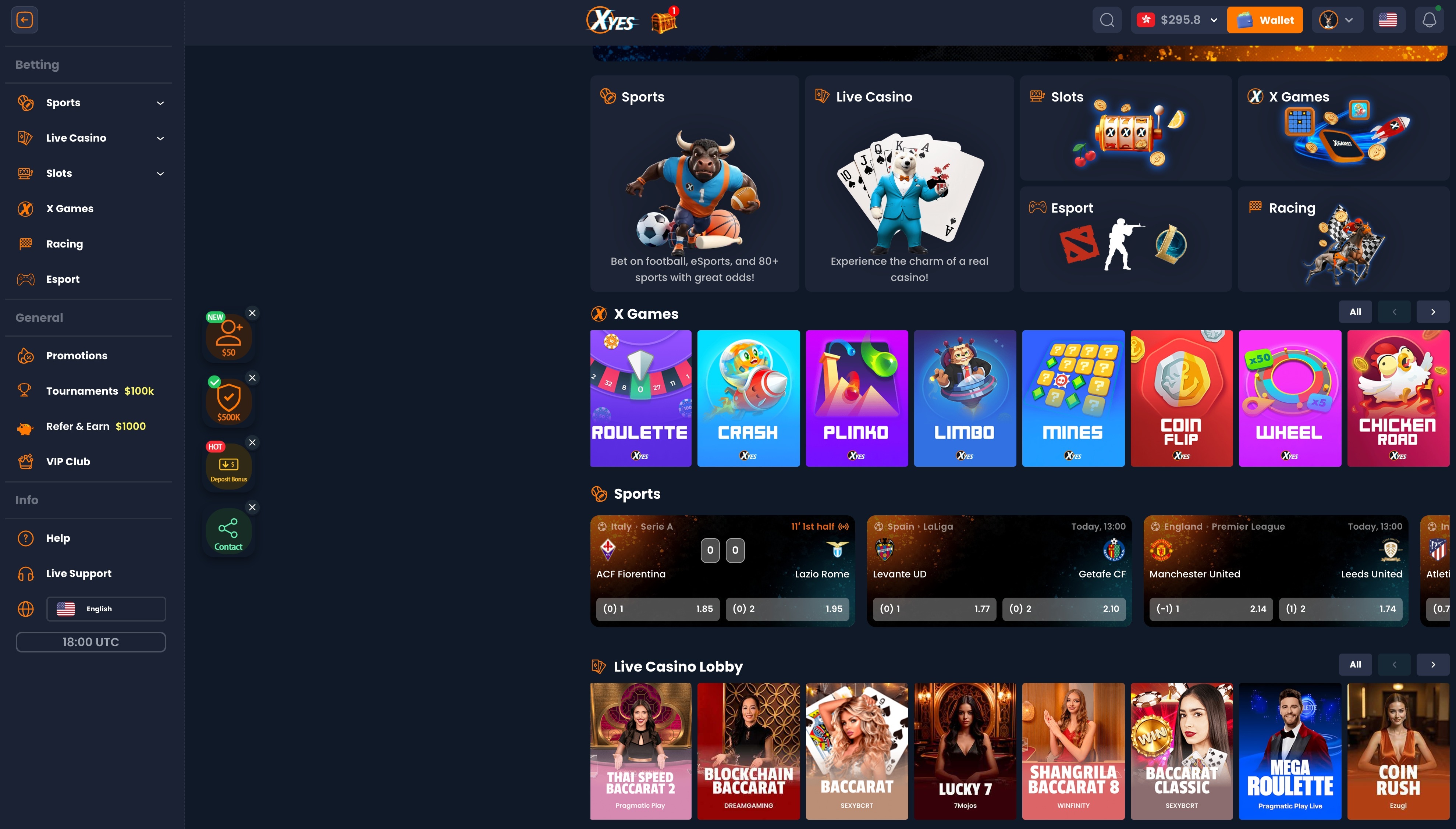 XYES online casino games library interface screenshot — 5,000+ titles across slots, live dealer, crash games and sports betting, aggregated from 50+ providers with provably fair verifiable round results