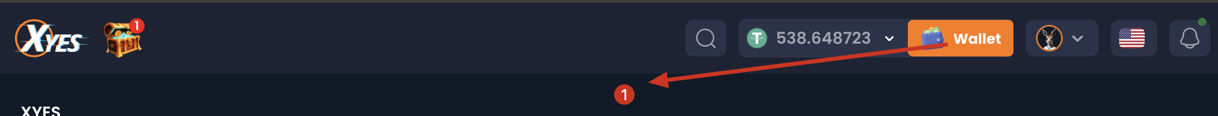 XYES 頂部導航條 · 橙色 Wallet 按鈕 · 顯示 USDT 餘額 · 紅箭指向 Wallet 按鈕