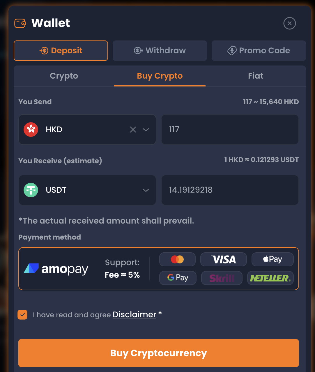 XYES Wallet 彈窗 · Deposit tab → Buy Crypto · HKD 117 → USDT 14.19 · amopay 5% fee · 支付方式列 Visa/Mastercard/Apple Pay/Google Pay/Skrill/Neteller